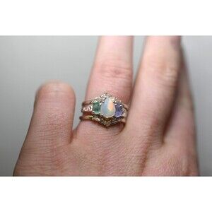 Opal emerald tanzanite and lake county diamond engagement ring set, alternative,